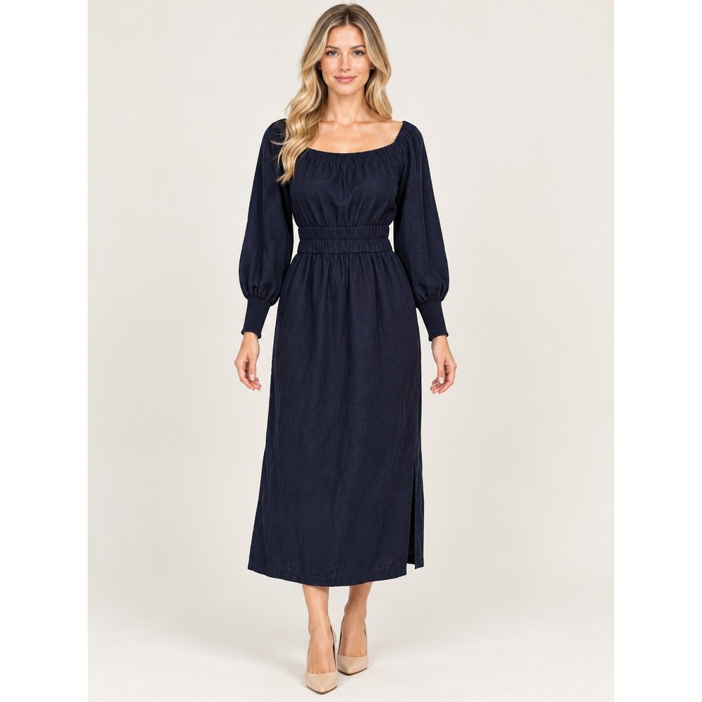 ME+EM Black Linen Blend Square Neck Smocked Waist Midi Dress US 2 Pockets